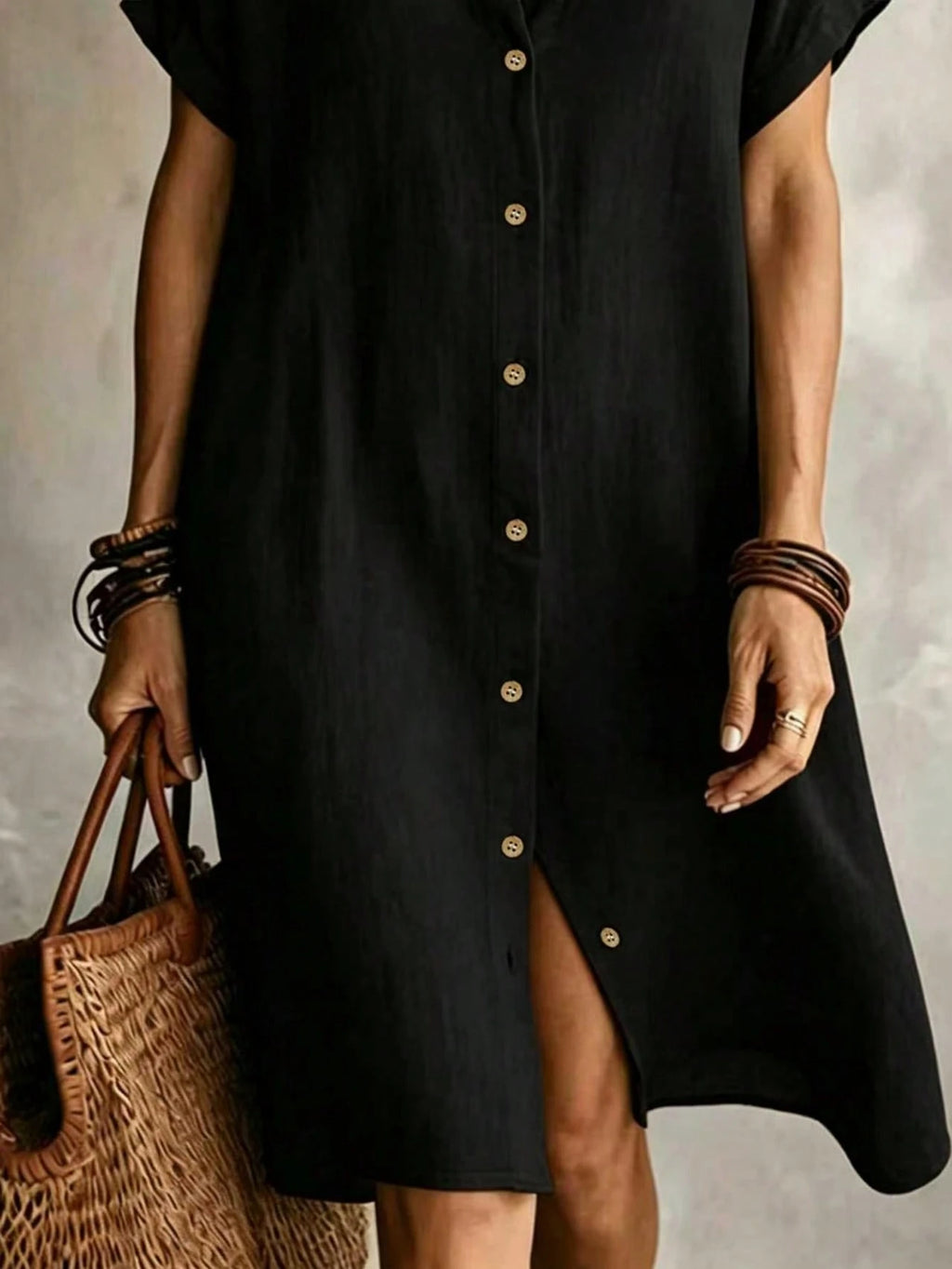 Women's Casual Ivory Woven Shirt Dress, Collared Short Sleeve Front Button Design, Asymmetric Hemline, Knee - image 11