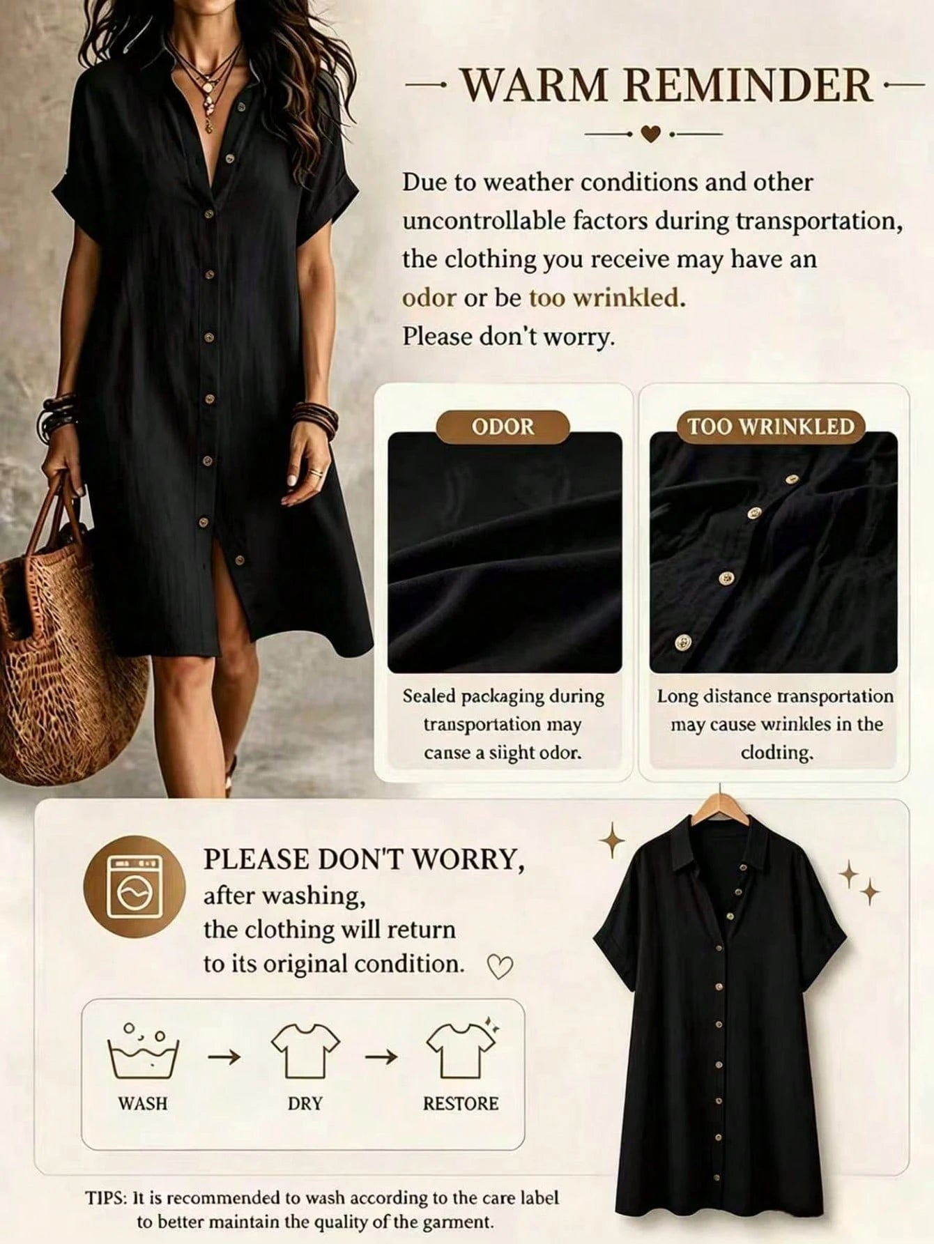 Women's Casual Ivory Woven Shirt Dress, Collared Short Sleeve Front Button Design, Asymmetric Hemline, Knee - image 14