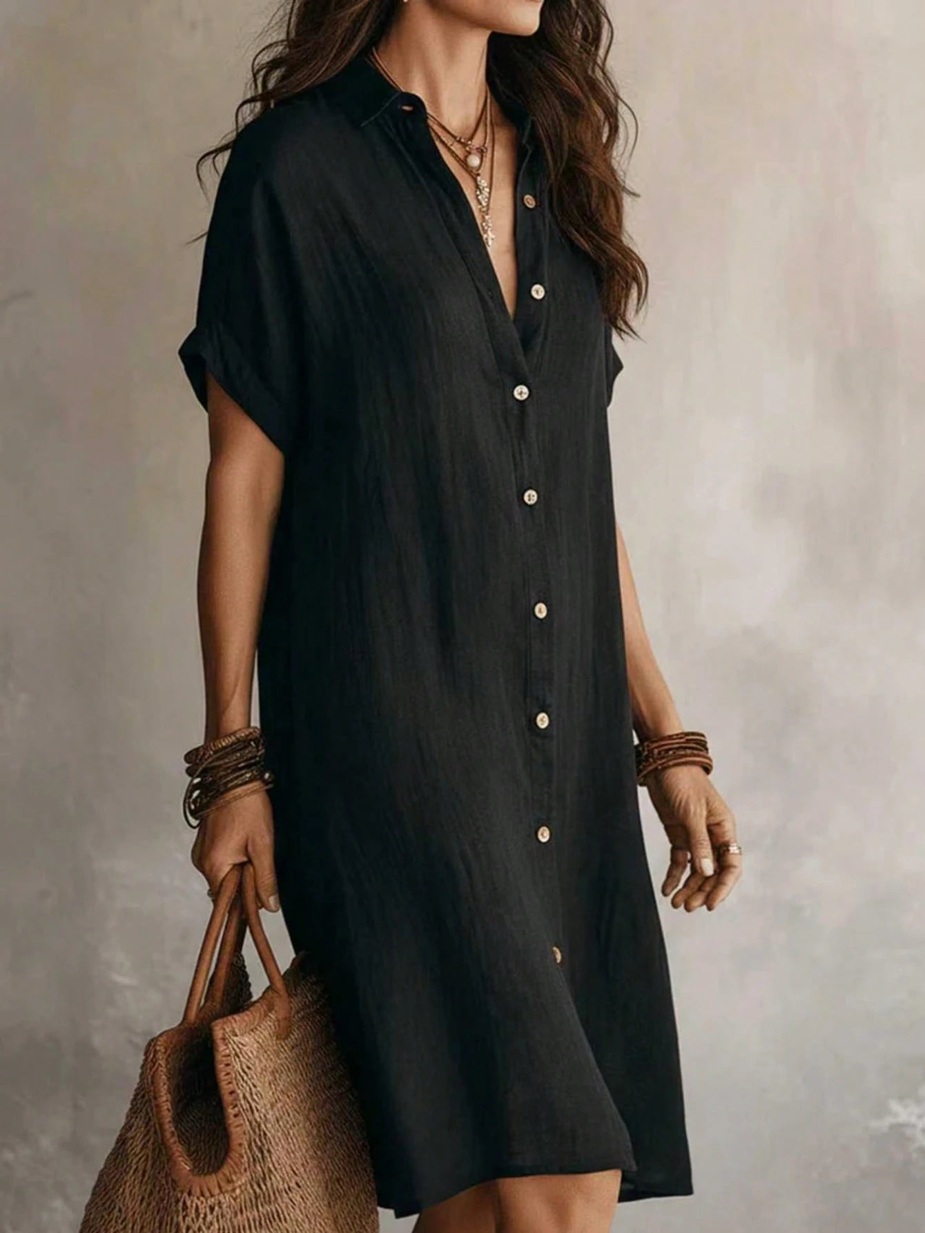 Women's Casual Ivory Woven Shirt Dress, Collared Short Sleeve Front Button Design, Asymmetric Hemline, Knee - image 13