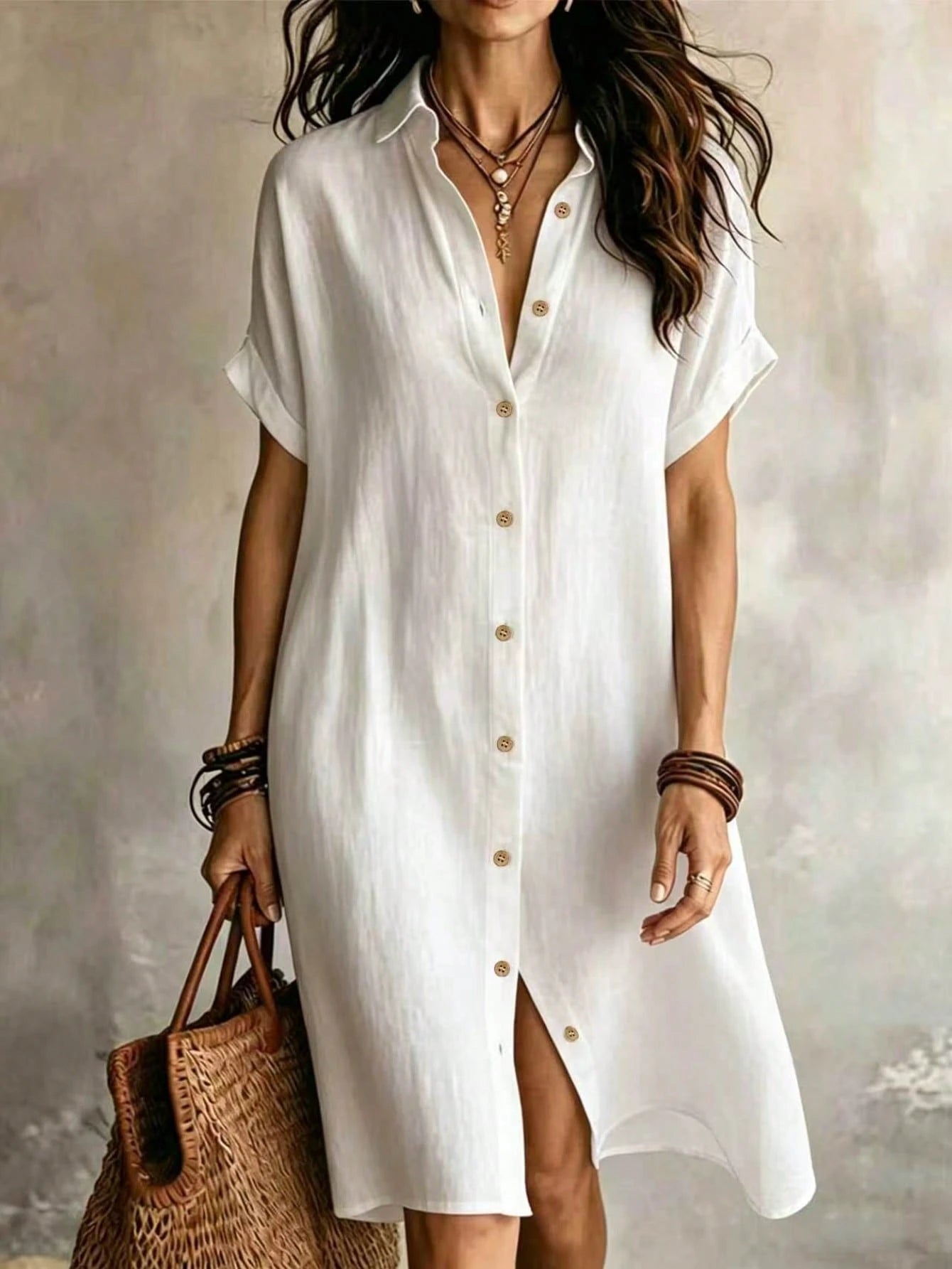 Women's Casual Ivory Woven Shirt Dress, Collared Short Sleeve Front