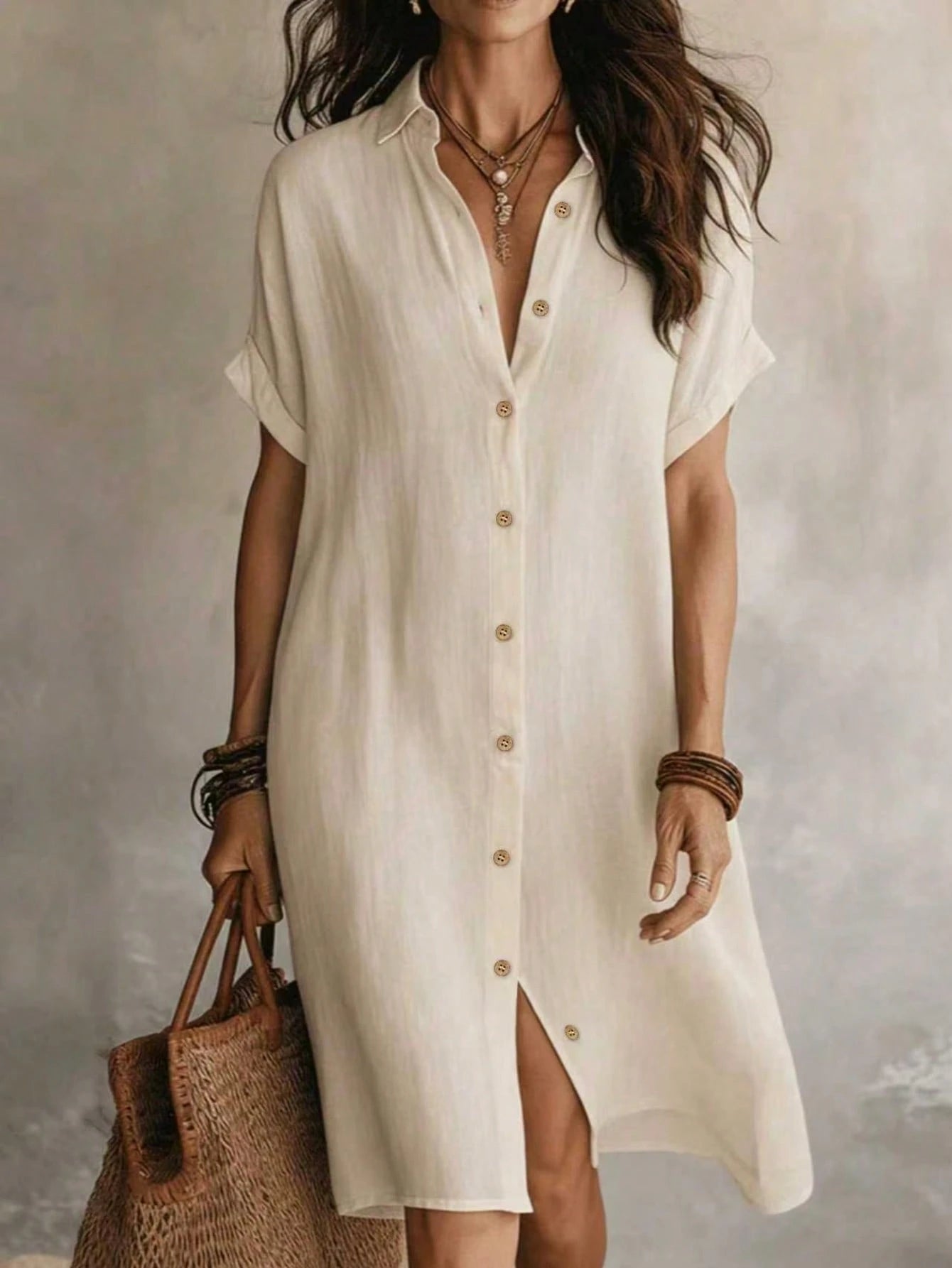 Women's Casual Ivory Woven Shirt Dress, Collared Short Sleeve Front