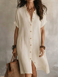 Women's Casual Ivory Woven Shirt Dress, Collared Short Sleeve Front Button Design, Asymmetric Hemline, Knee