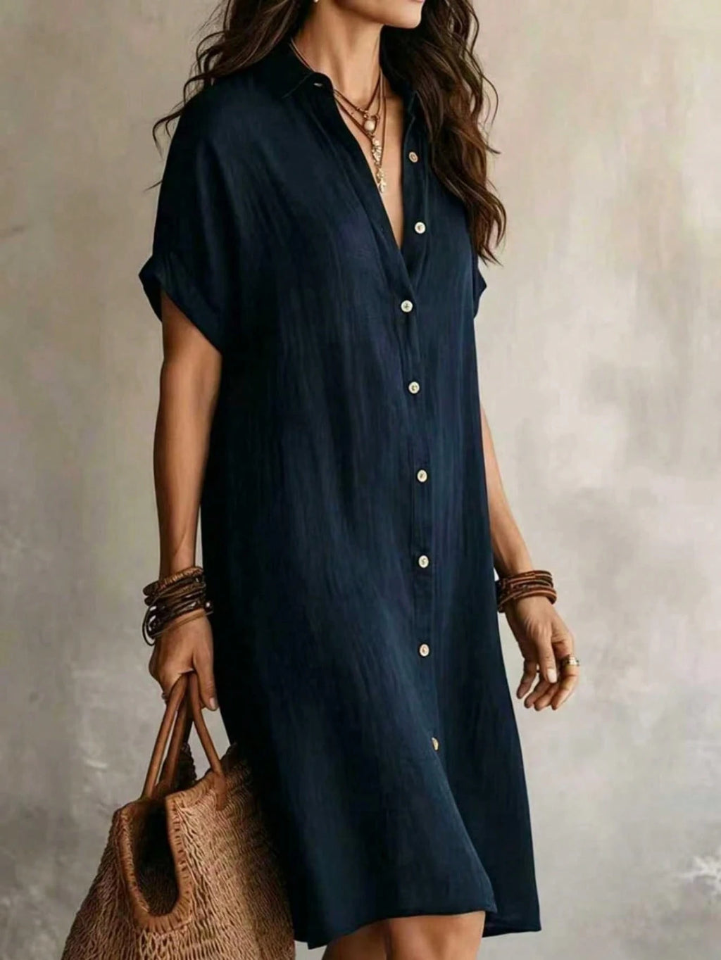 Women's Casual Ivory Woven Shirt Dress, Collared Short Sleeve Front