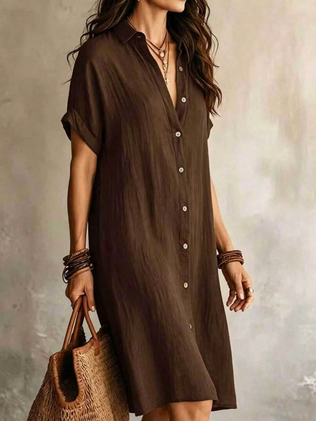 Women's Casual Ivory Woven Shirt Dress, Collared Short Sleeve Front