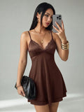 PETITE Summer Lace-Trimmed Satin Double-Layer A-Line Triangle-Cup Strapless Women's Fitted Short Dress - A