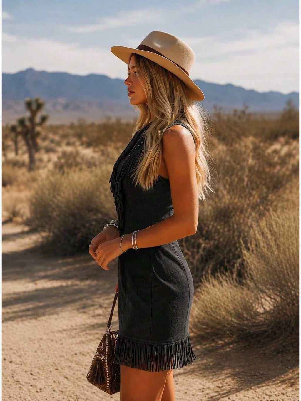 Rivet Fringe Sleeveless Suede Mini Dress Western Cowgirl Country