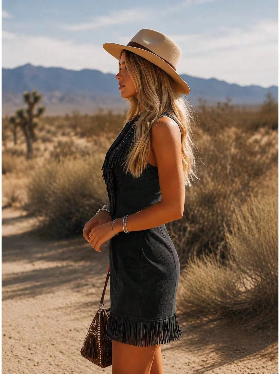 Rivet Fringe Sleeveless Suede Mini Dress Western Cowgirl Country