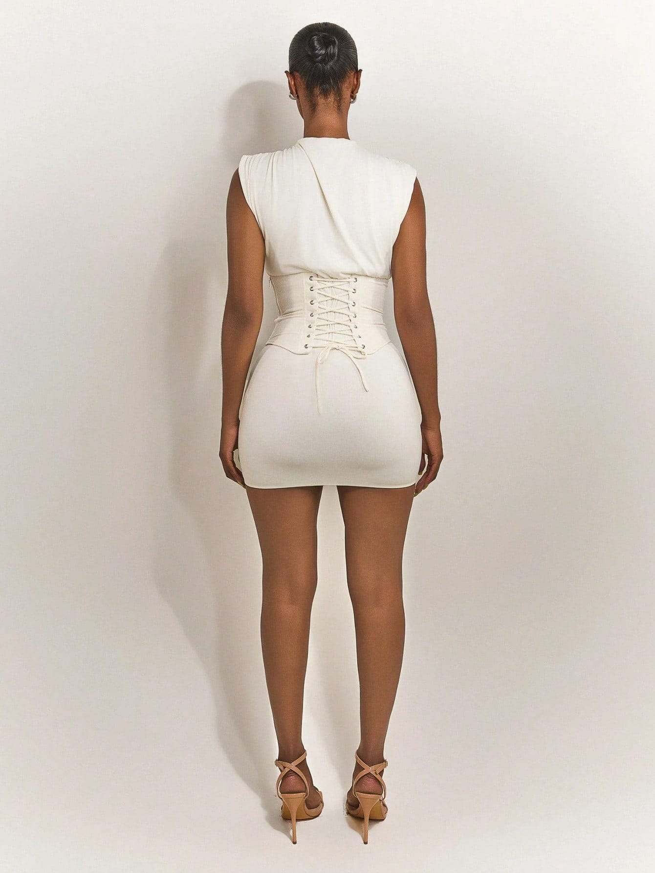 Women's Fashionable Apricot Elegant Funnel Neck Mini Dress, Fitted Pencil Skirt Design, Medium Stretch, With - image 3