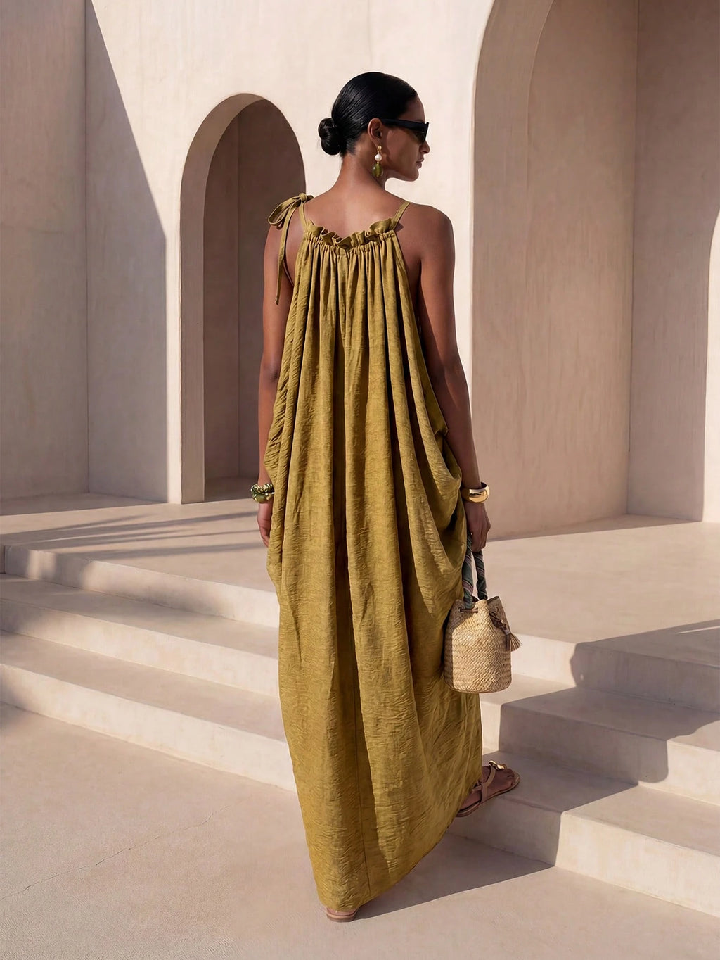 Zivah New Summer Casual Boho Vacation Commute Olive Green Loose Linen