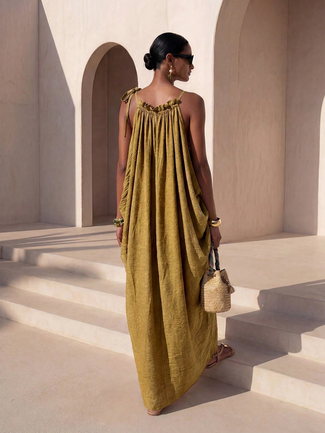 Zivah New Summer Casual Boho Vacation Commute Olive Green Loose Linen V-Neck Backless Cocoon Long Dress, - image 2