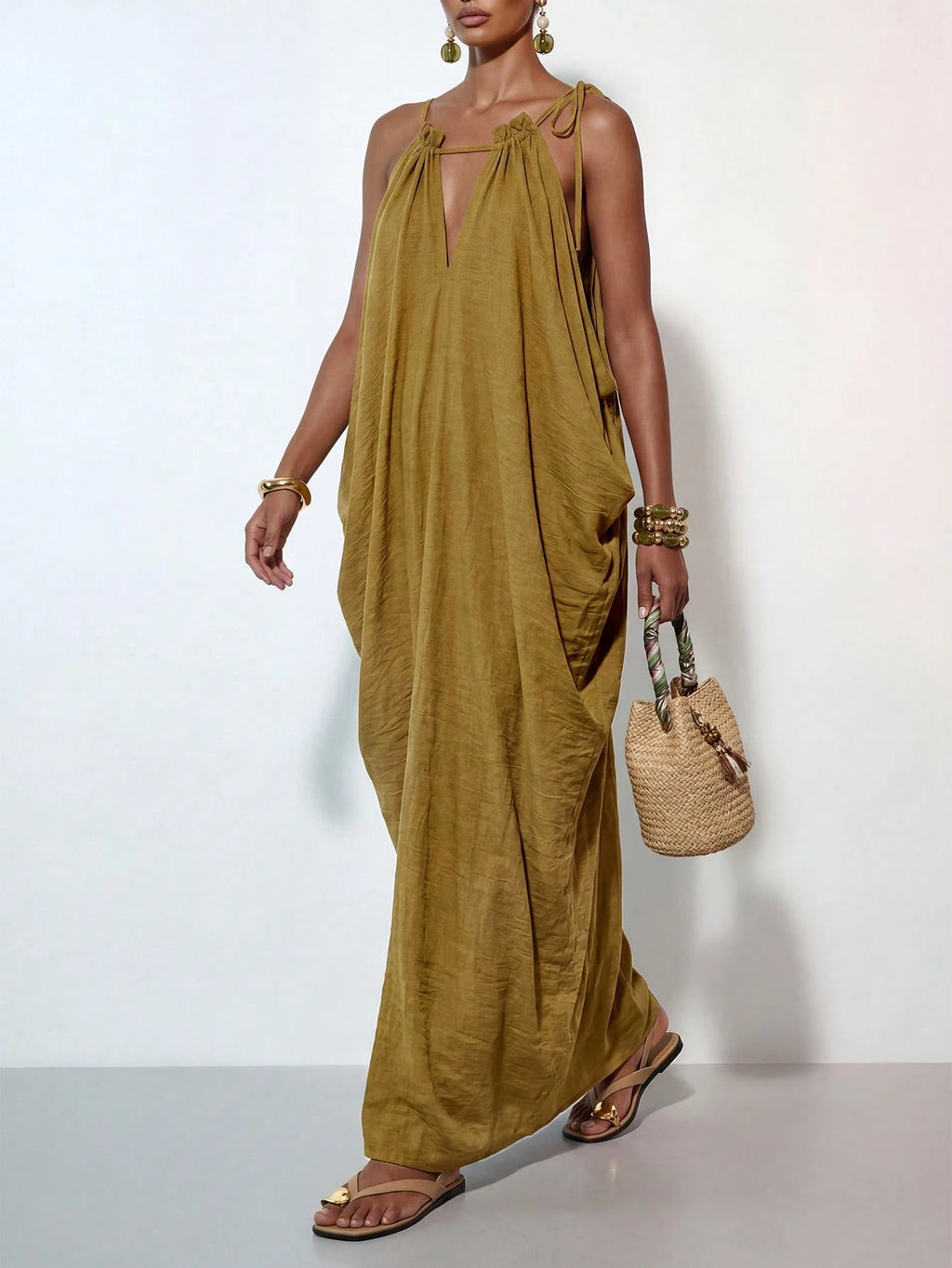 Zivah New Summer Casual Boho Vacation Commute Olive Green Loose Linen