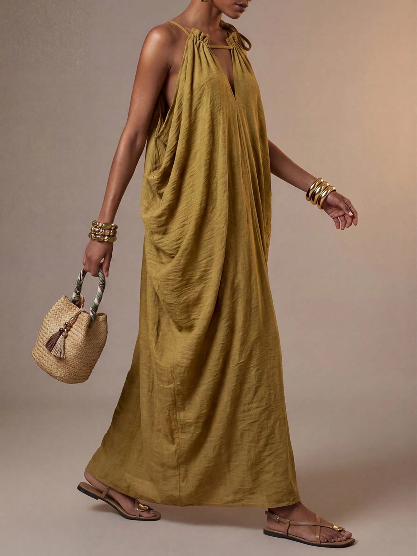 Zivah New Summer Casual Boho Vacation Commute Olive Green Loose Linen