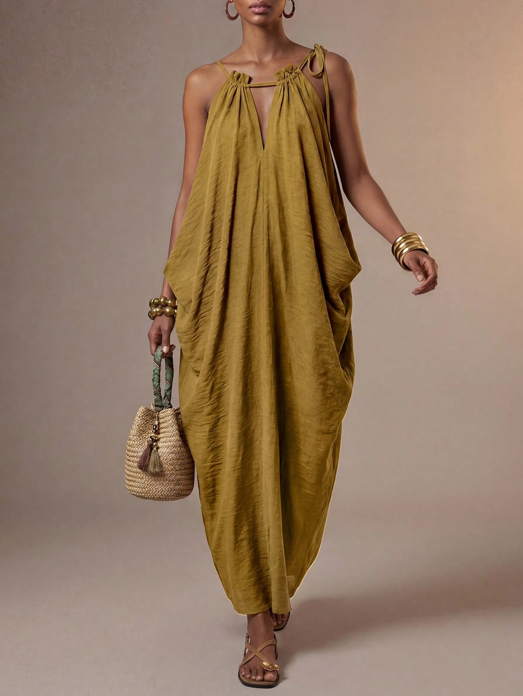 Zivah New Summer Casual Boho Vacation Commute Olive Green Loose Linen