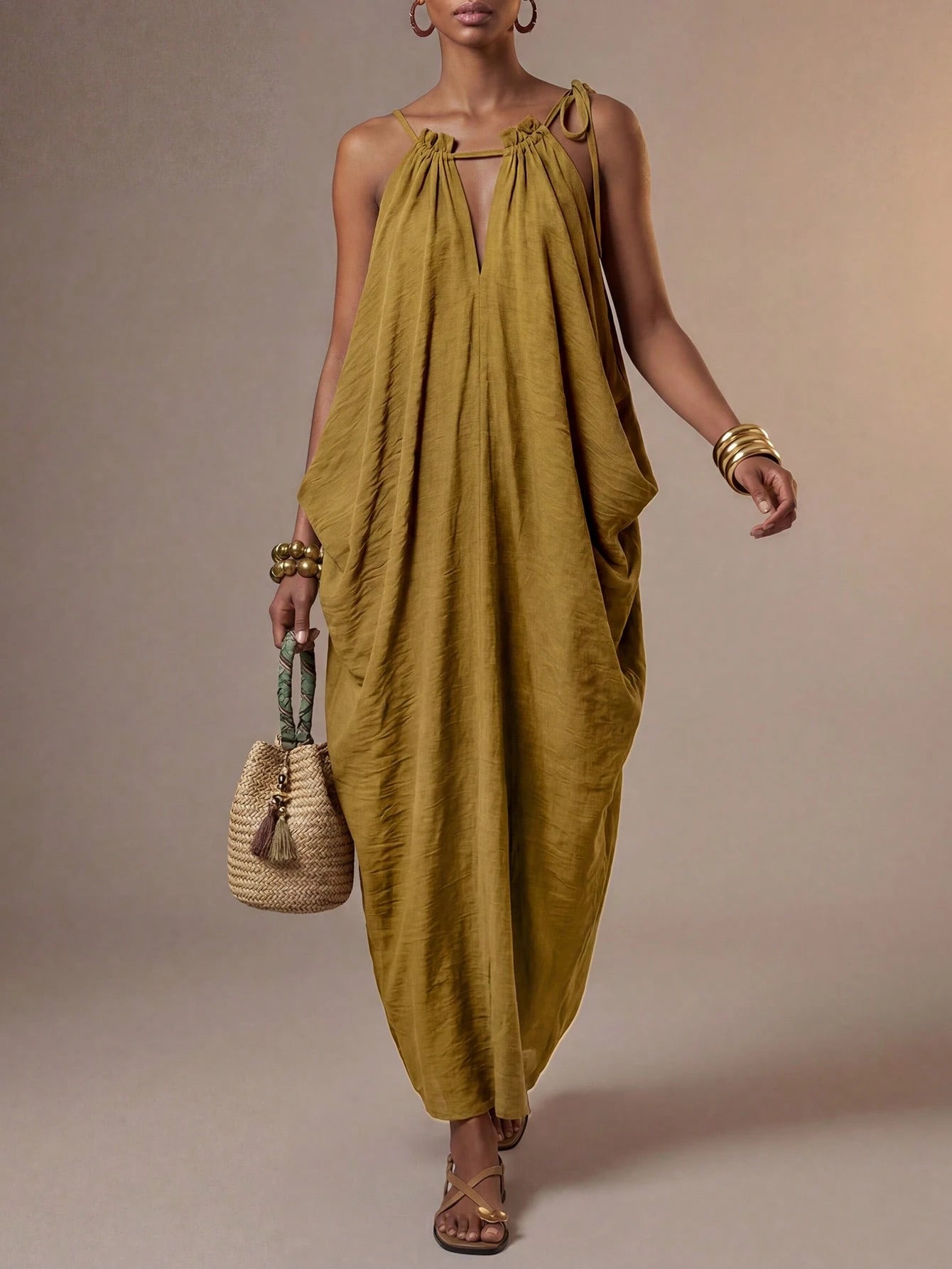 Zivah New Summer Casual Boho Vacation Commute Olive Green Loose Linen