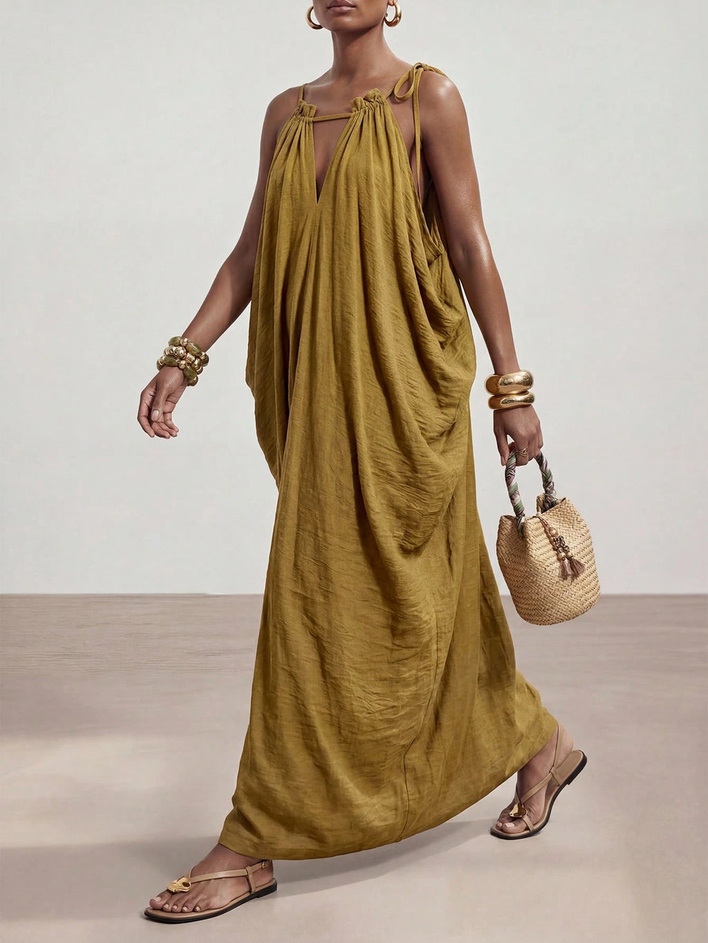 Zivah New Summer Casual Boho Vacation Commute Olive Green Loose Linen