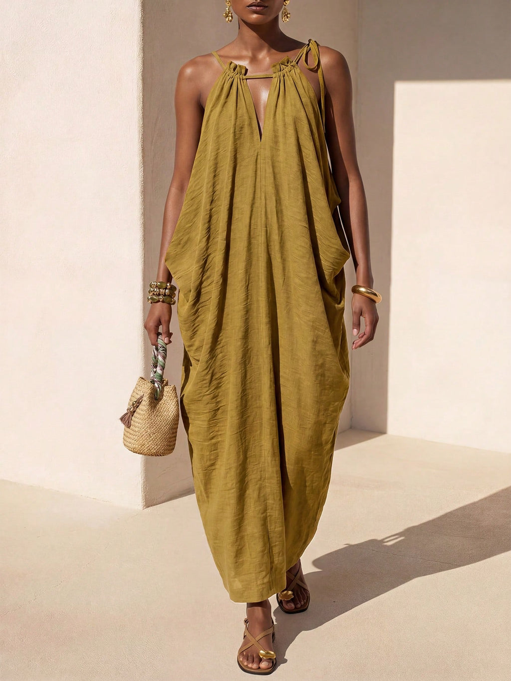 Zivah New Summer Casual Boho Vacation Commute Olive Green Loose Linen