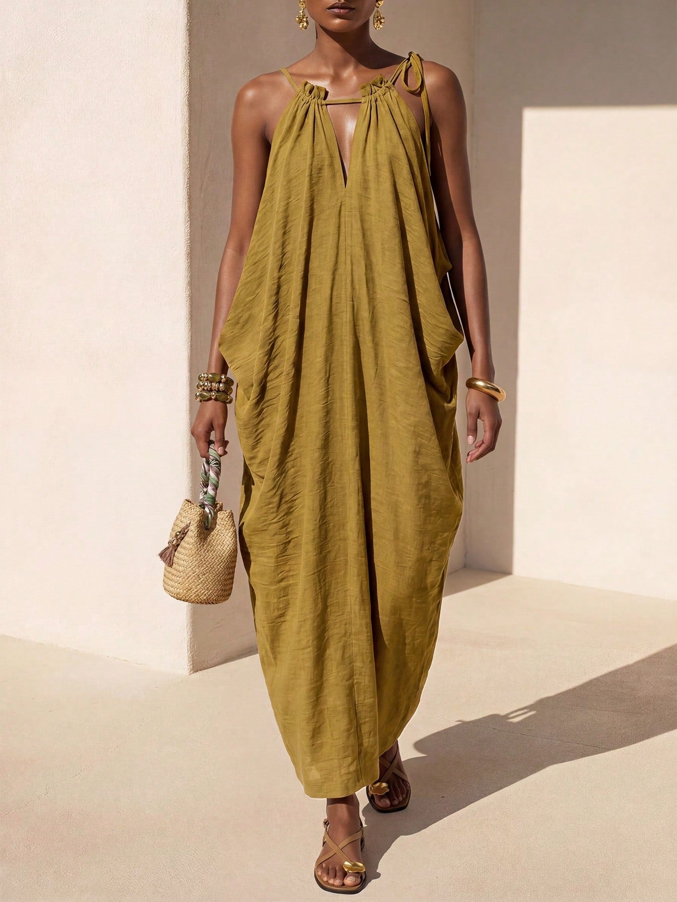 Zivah New Summer Casual Boho Vacation Commute Olive Green Loose Linen