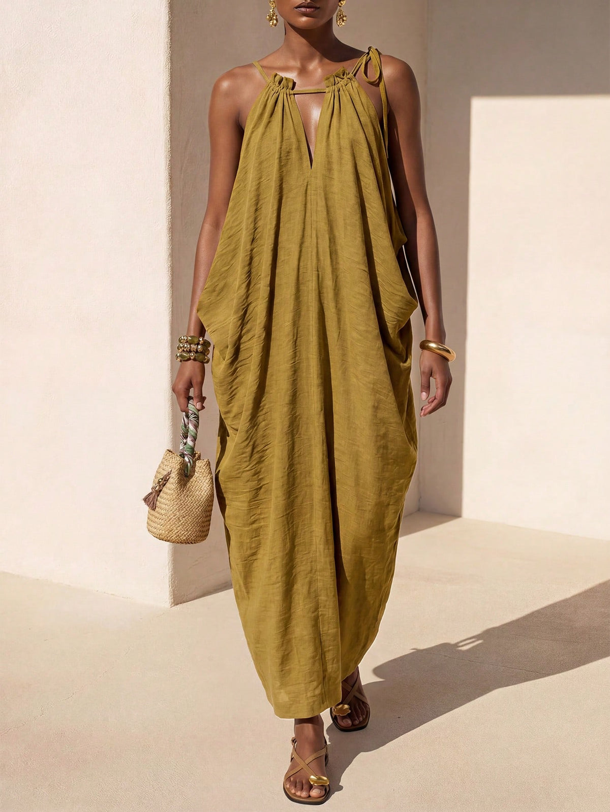 Zivah New Summer Casual Boho Vacation Commute Olive Green Loose Linen V-Neck Backless Cocoon Long Dress, - image 7