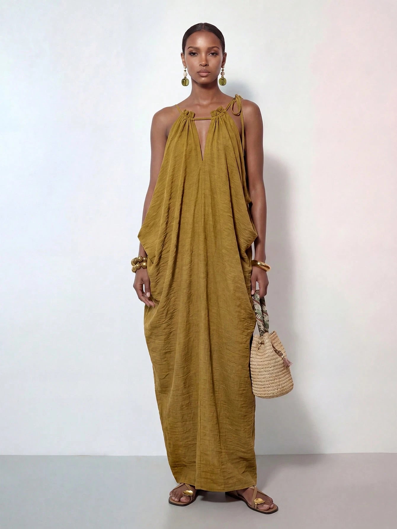 Zivah New Summer Casual Boho Vacation Commute Olive Green Loose Linen