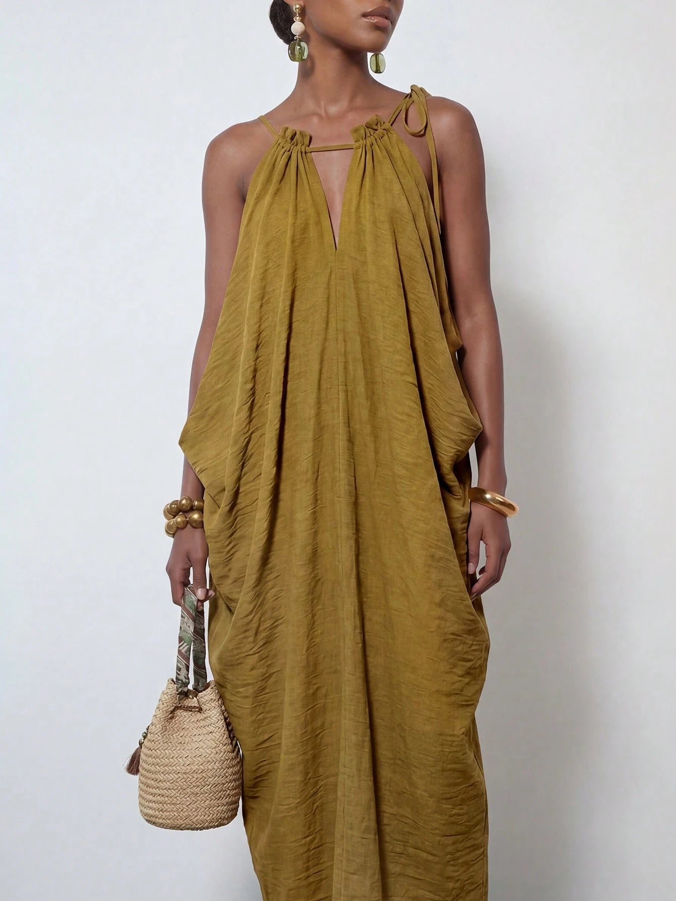 Zivah New Summer Casual Boho Vacation Commute Olive Green Loose Linen