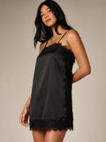AiiRZ Satin Mini Dress With Contrast Black Lace Trim Eyelash Detailing Strapless Bodycon Evening Party Date