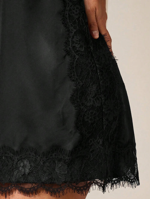 AiiRZ Satin Mini Dress With Contrast Black Lace Trim Eyelash Detailing Strapless Bodycon Evening Party Date - image 2