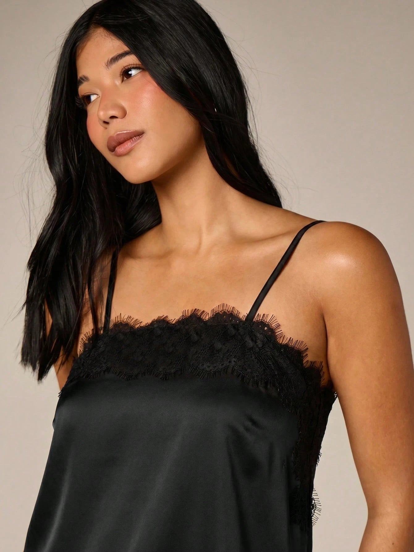AiiRZ Satin Mini Dress With Contrast Black Lace Trim Eyelash Detailing Strapless Bodycon Evening Party Date - image 5