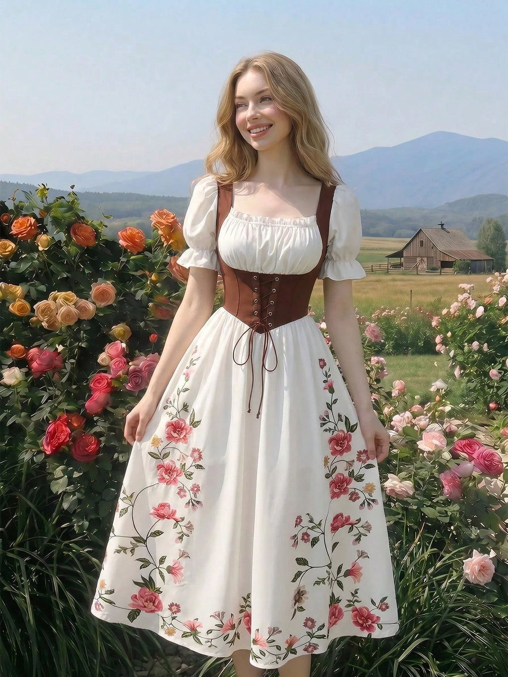 MOD Women's Floral Print Elegant White And Pink Summer Maxi