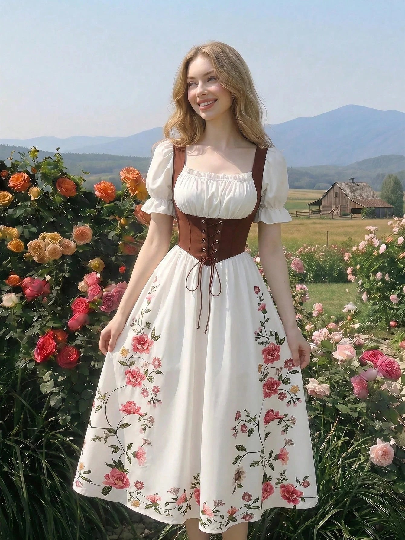 MOD Women's Floral Print Elegant White And Pink Summer Maxi
