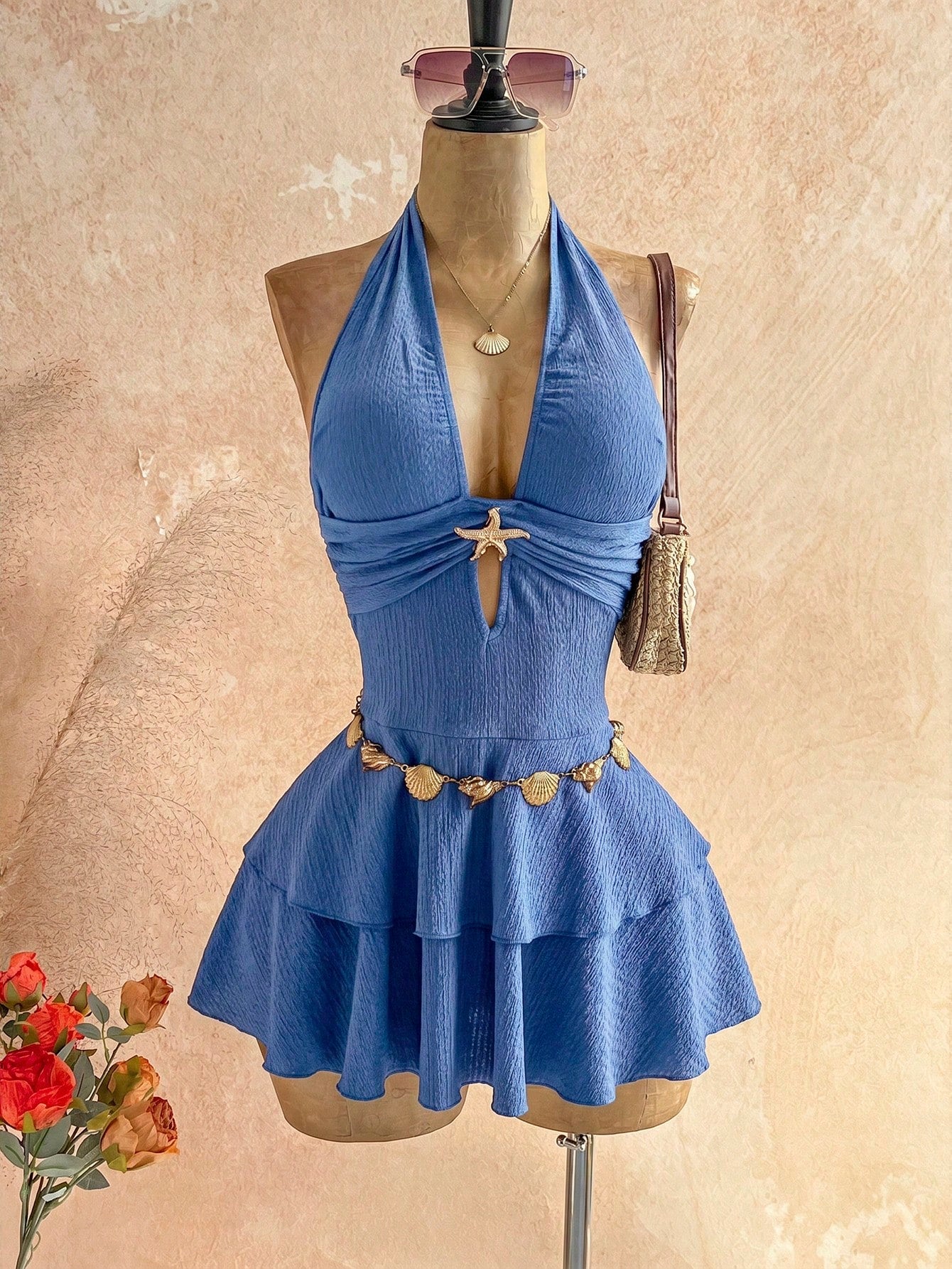 Soleia Women's Sexy Backless Metal Starfish Decor Mini Dress, Solid
