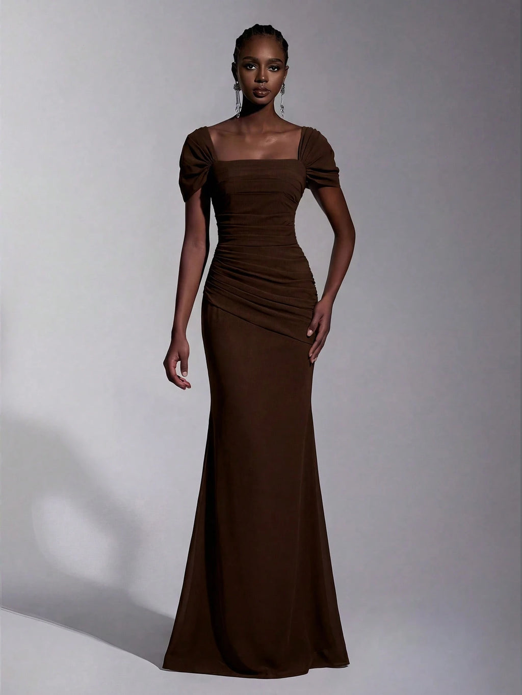 Elitara Elegant Chiffon Off Shoulder Cap Sleeve Ruched Fishtail Dress, Flattering Fit For Dates Boda Wedding,