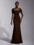 Elitara Elegant Chiffon Off Shoulder Cap Sleeve Ruched Fishtail Dress, Flattering Fit For Dates Boda Wedding,