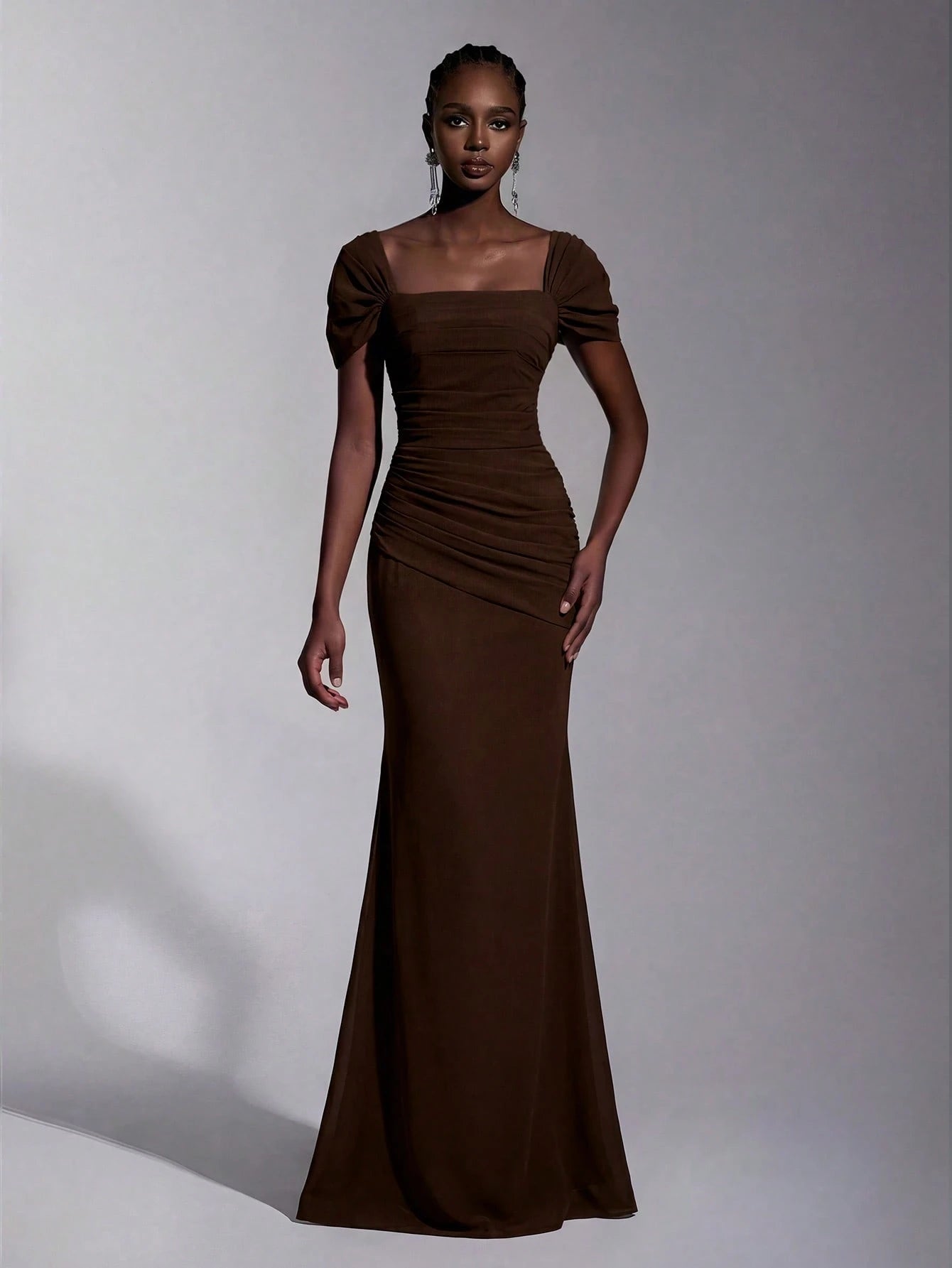 Elitara Elegant Chiffon Off Shoulder Cap Sleeve Ruched Fishtail Dress, Flattering Fit For Dates Boda Wedding,