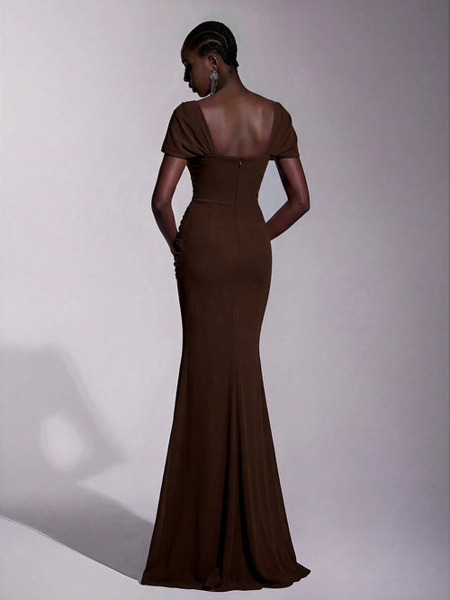 Elitara Elegant Chiffon Off Shoulder Cap Sleeve Ruched Fishtail Dress, Flattering Fit For Dates Boda Wedding, - image 2