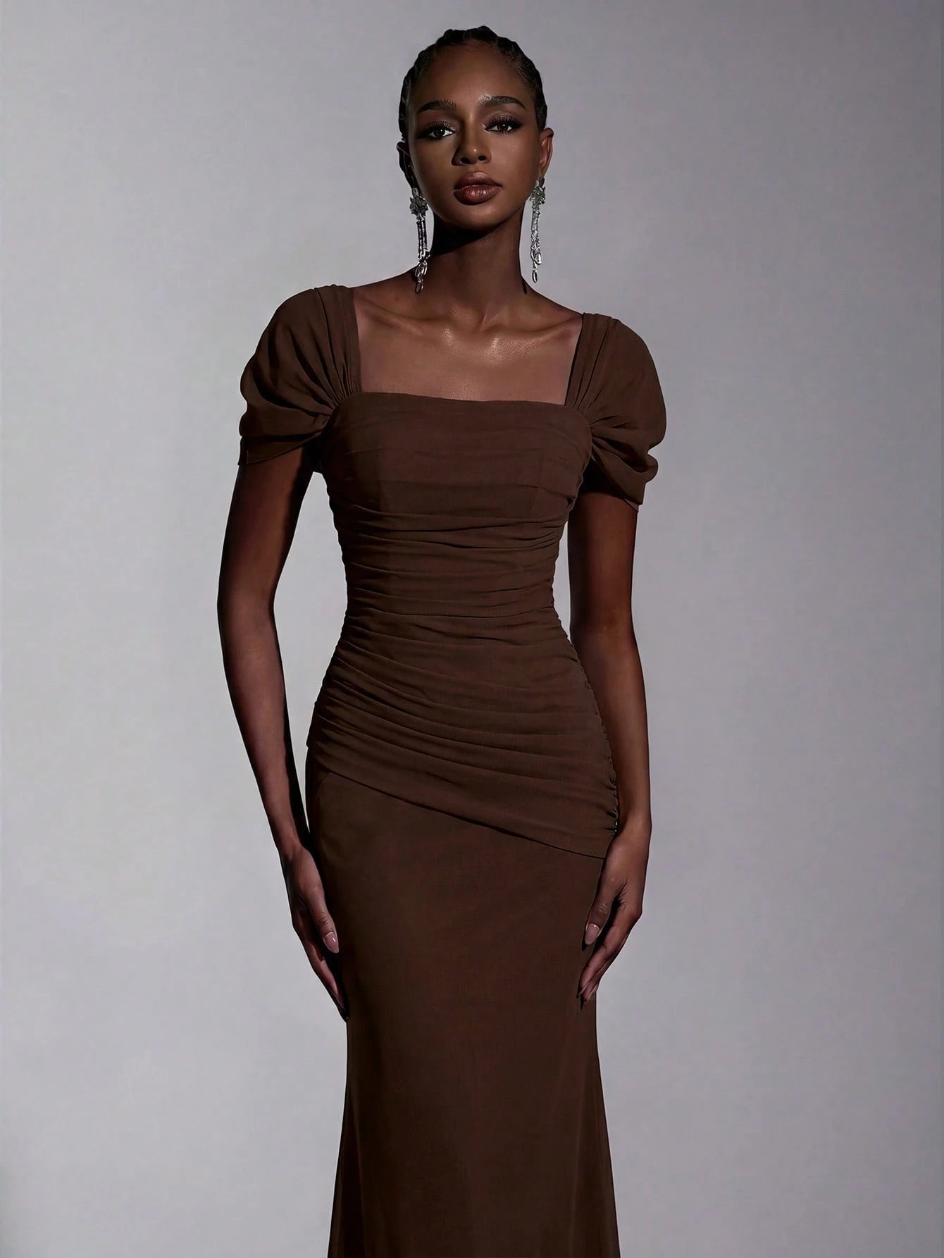 Elitara Elegant Chiffon Off Shoulder Cap Sleeve Ruched Fishtail Dress, Flattering Fit For Dates Boda Wedding, - image 3