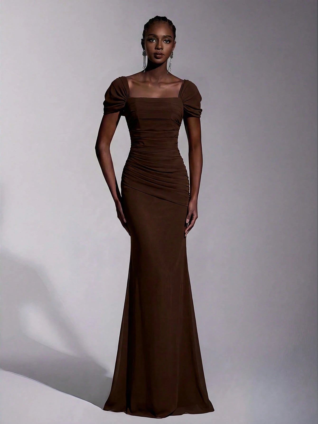 Elitara Elegant Chiffon Off Shoulder Cap Sleeve Ruched Fishtail Dress, Flattering Fit For Dates Boda Wedding, - image 4