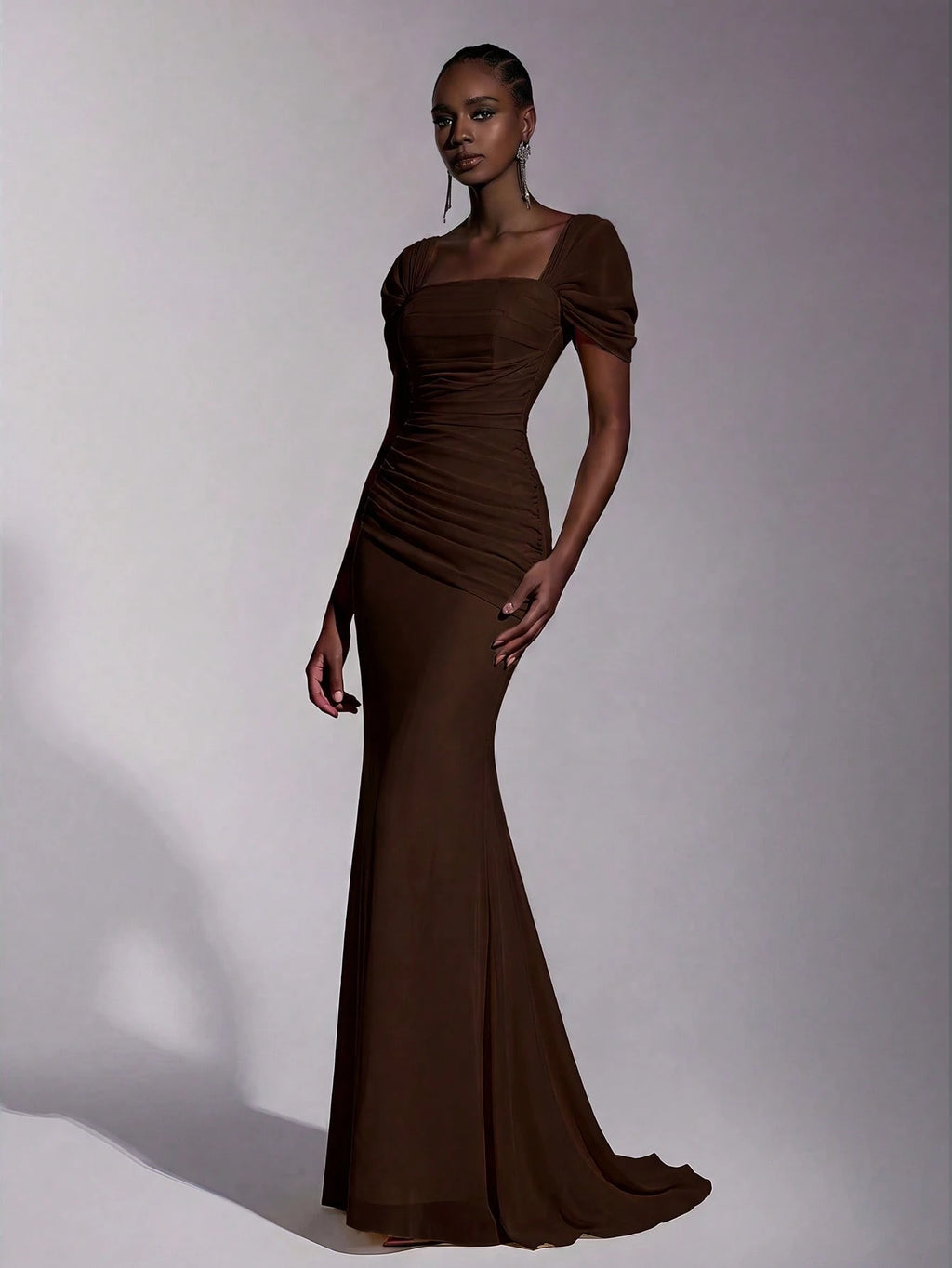 Elitara Elegant Chiffon Off Shoulder Cap Sleeve Ruched Fishtail Dress, Flattering Fit For Dates Boda Wedding, - image 5