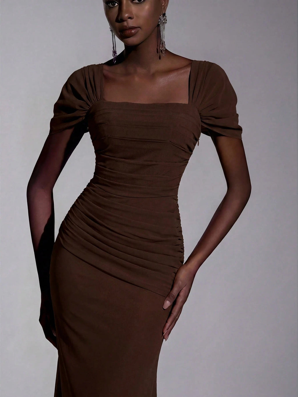 Elitara Elegant Chiffon Off Shoulder Cap Sleeve Ruched Fishtail Dress, Flattering Fit For Dates Boda Wedding, - image 6