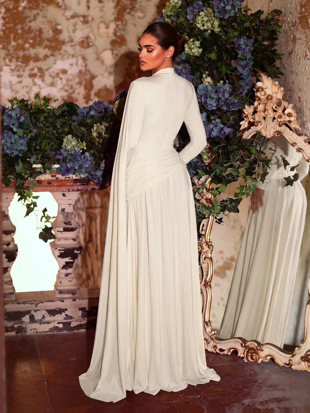 Aureia Mocha Winter Evening Dress,Formal Wedding Bridesmaid Dress,Grey-Brown Stretch Knit,Metallic Pleated - image 2