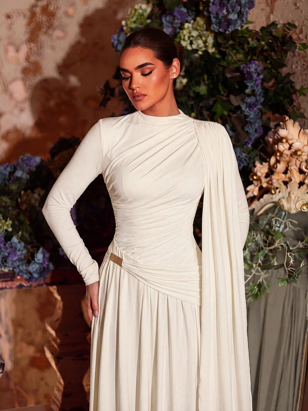 Aureia Mocha Winter Evening Dress,Formal Wedding Bridesmaid Dress,Grey-Brown Stretch Knit,Metallic Pleated - image 3