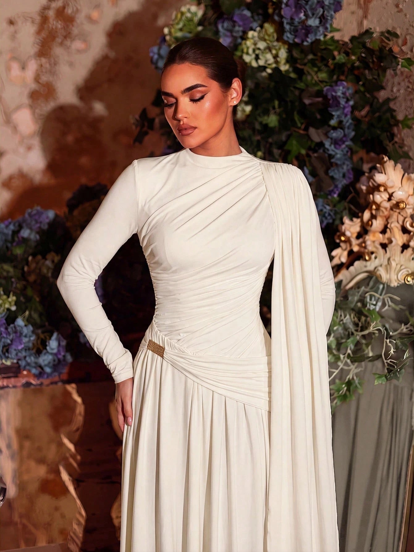Aureia Mocha Winter Evening Dress,Formal Wedding Bridesmaid Dress,Grey-Brown Stretch Knit,Metallic Pleated - image 3