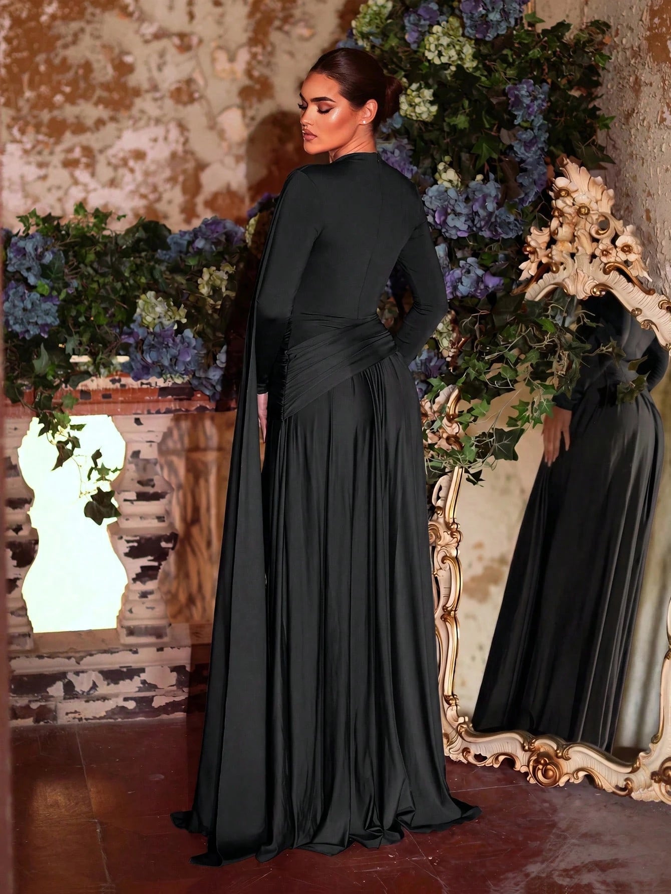 Aureia Mocha Winter Evening Dress,Formal Wedding Bridesmaid Dress,Grey-Brown Stretch Knit,Metallic Pleated - image 12