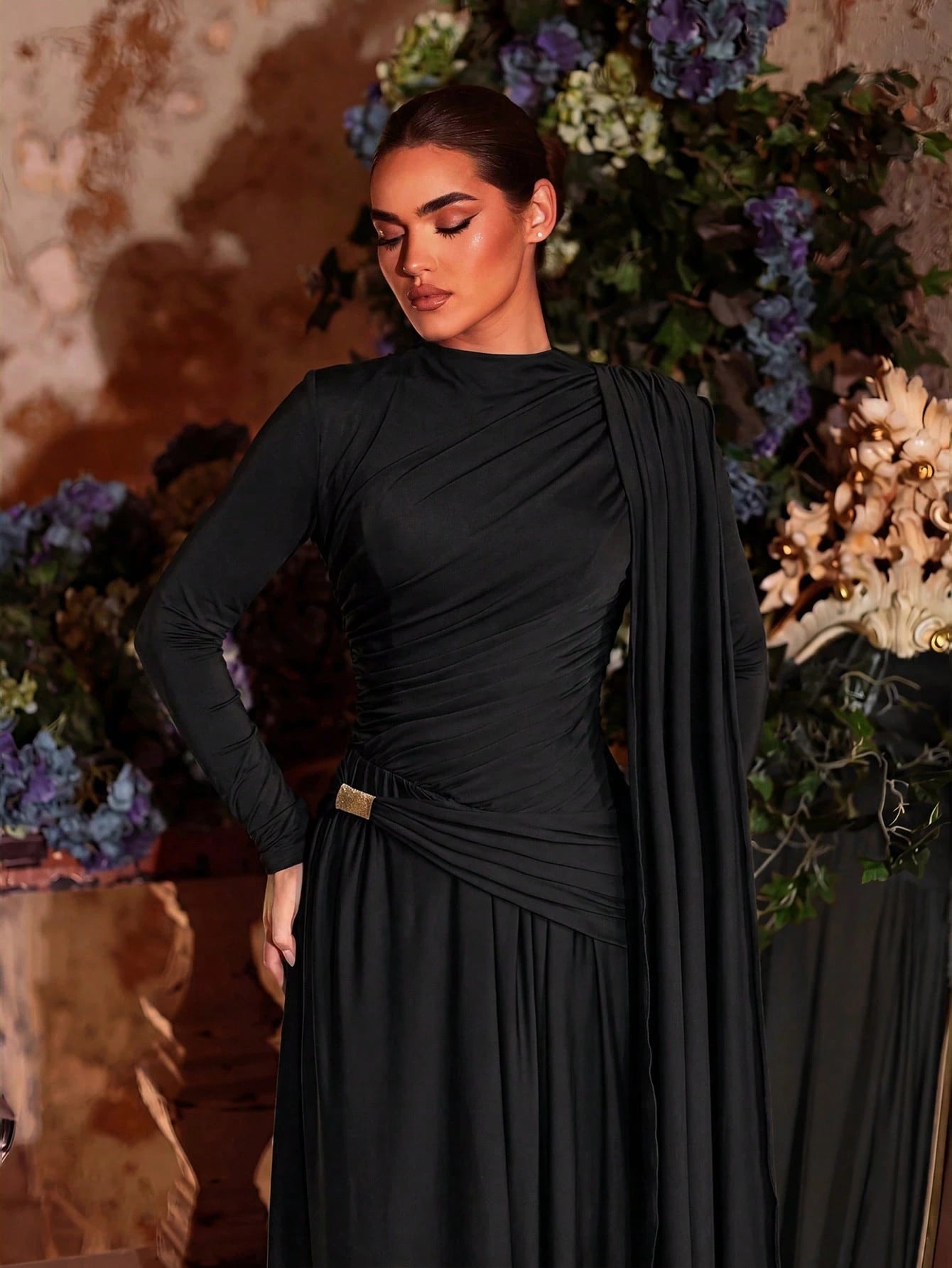 Aureia Mocha Winter Evening Dress,Formal Wedding Bridesmaid Dress,Grey-Brown Stretch Knit,Metallic Pleated - image 13