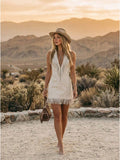Off White Faux Suede Mini Dress Sleeveless Deep Front Zip Fringe Trim