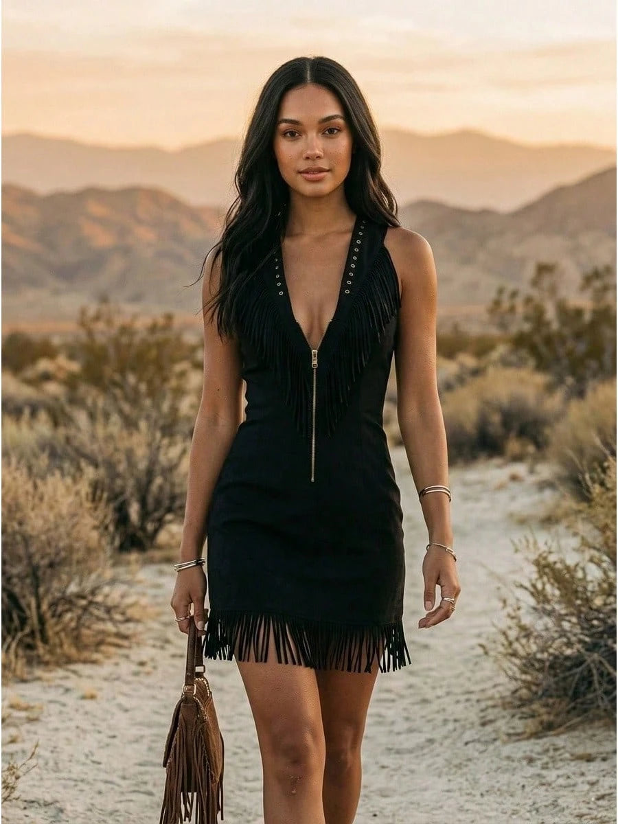 Off White Faux Suede Mini Dress Sleeveless Deep Front Zip Fringe Trim