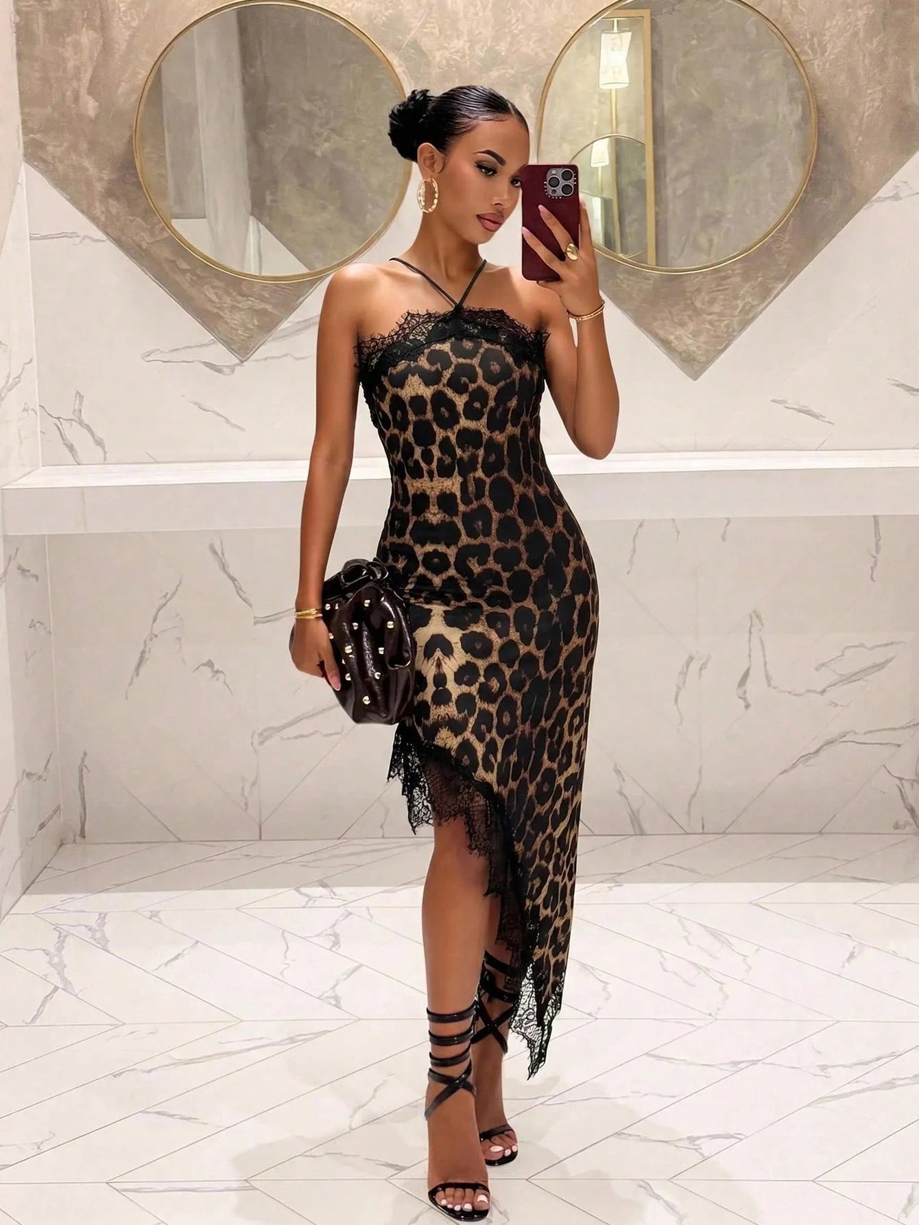 Slaydiva Women's Leopard Print Contrast Lace Sexy Halter Neck Long