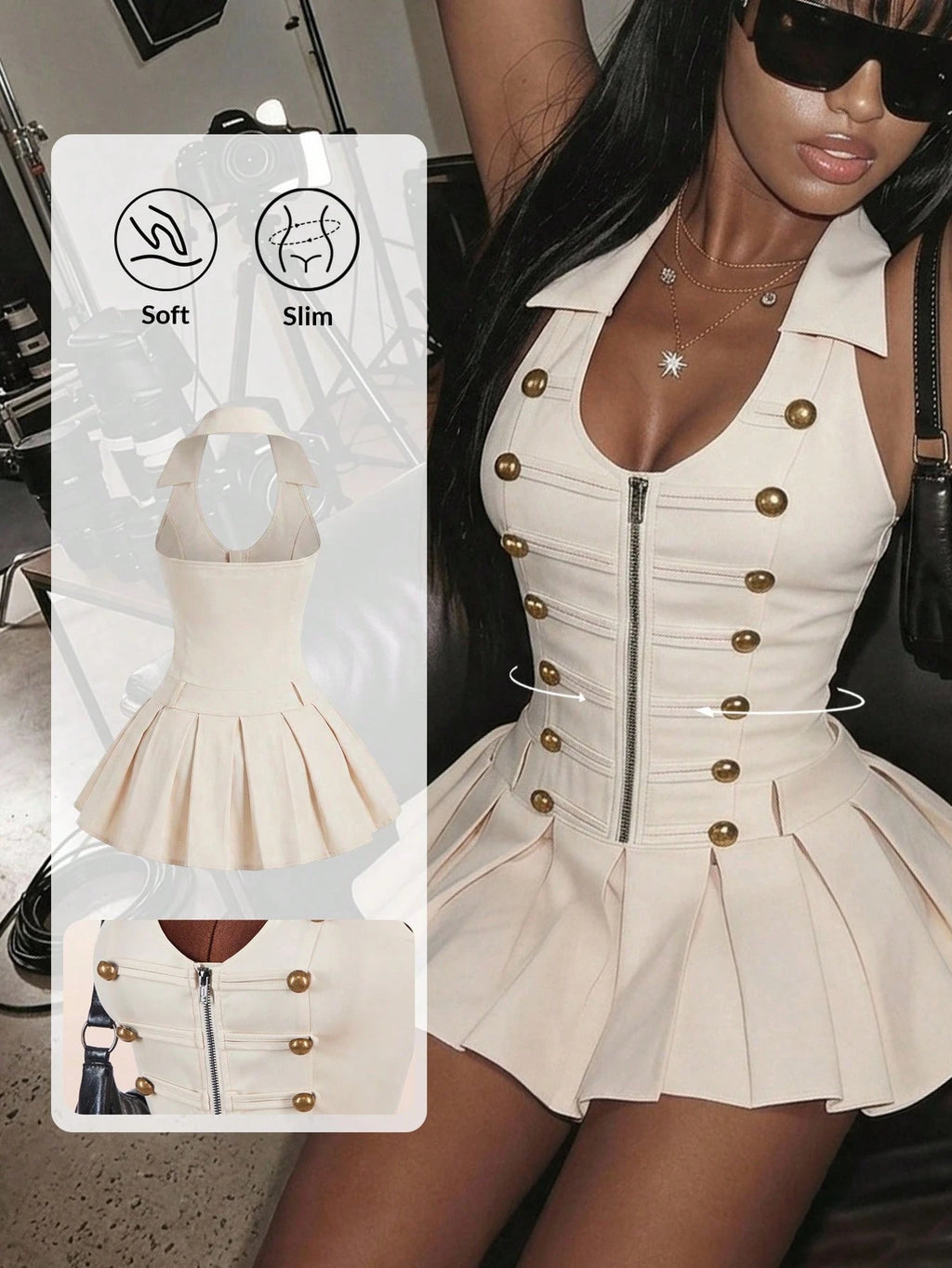 Amplova Sleeveless Sexy Fitted Napoleon Split Pleated Skirt With Hook-And-Eye Metal Zipper And Metal Buttons - image 2
