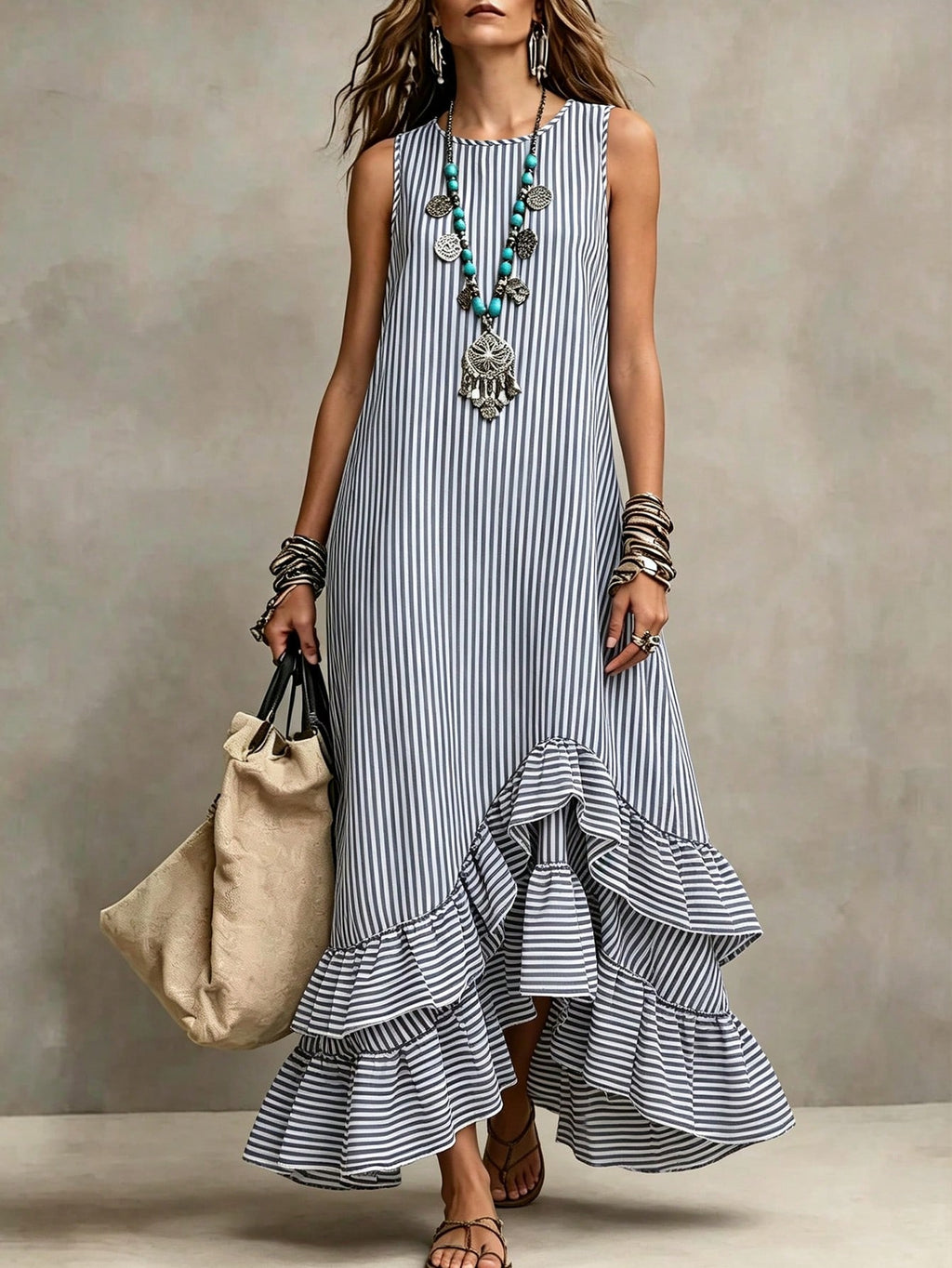 Holidaya Women's Summer Blue And White Vertical Striped Sleeveless