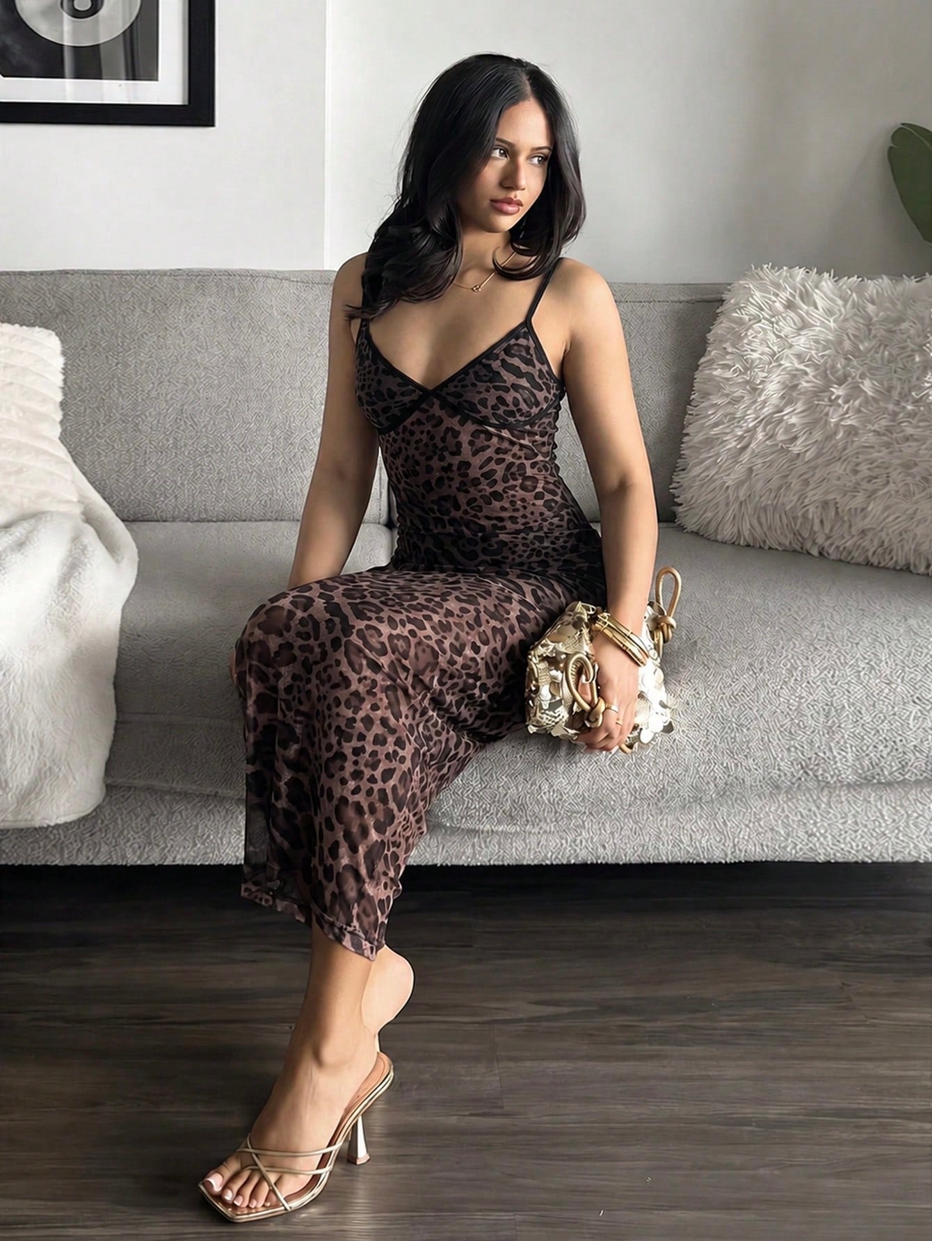 leahseptember New Sexy Leopard Print Mesh Slip Dress, Skinny Fit,