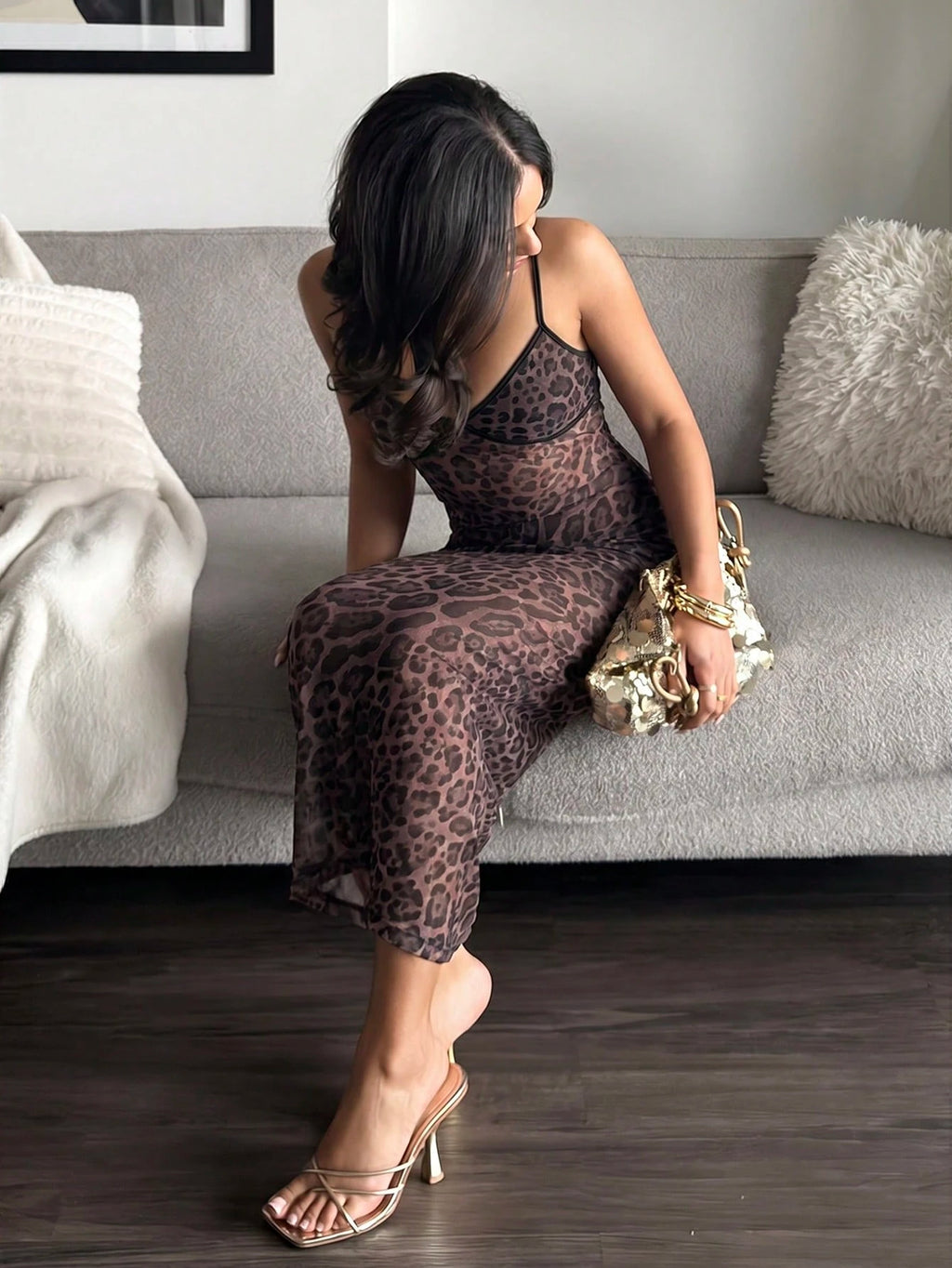 leahseptember New Sexy Leopard Print Mesh Slip Dress, Skinny Fit,